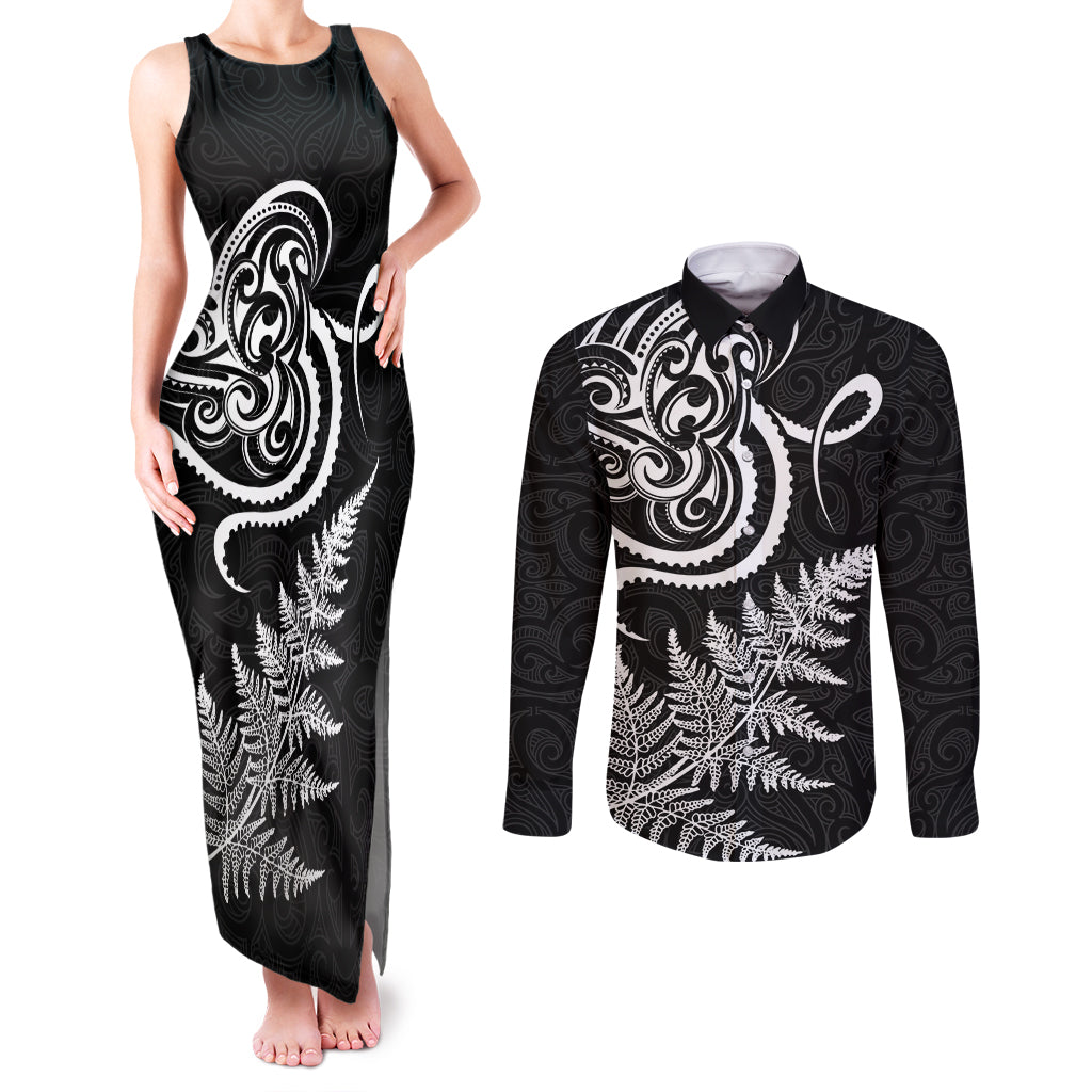 New Zealand Octopus Tattoo and Fern Couples Matching Tank Maxi Dress and Long Sleeve Button Shirt Maori Pattern