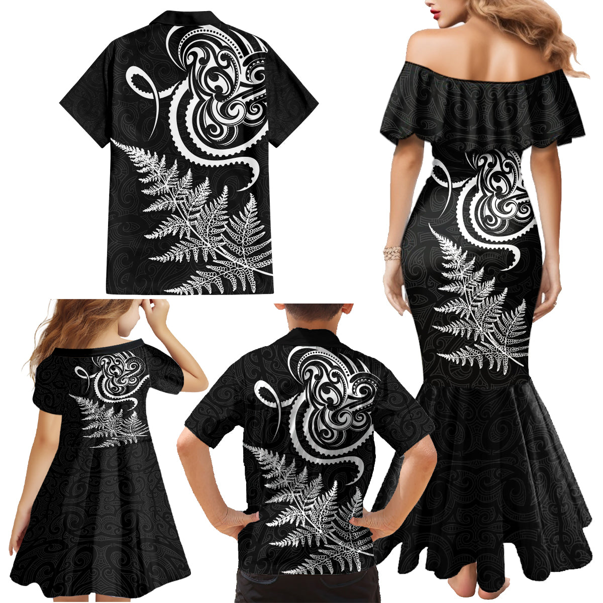 New Zealand Octopus Tattoo and Fern Family Matching Mermaid Dress and Hawaiian Shirt Maori Pattern