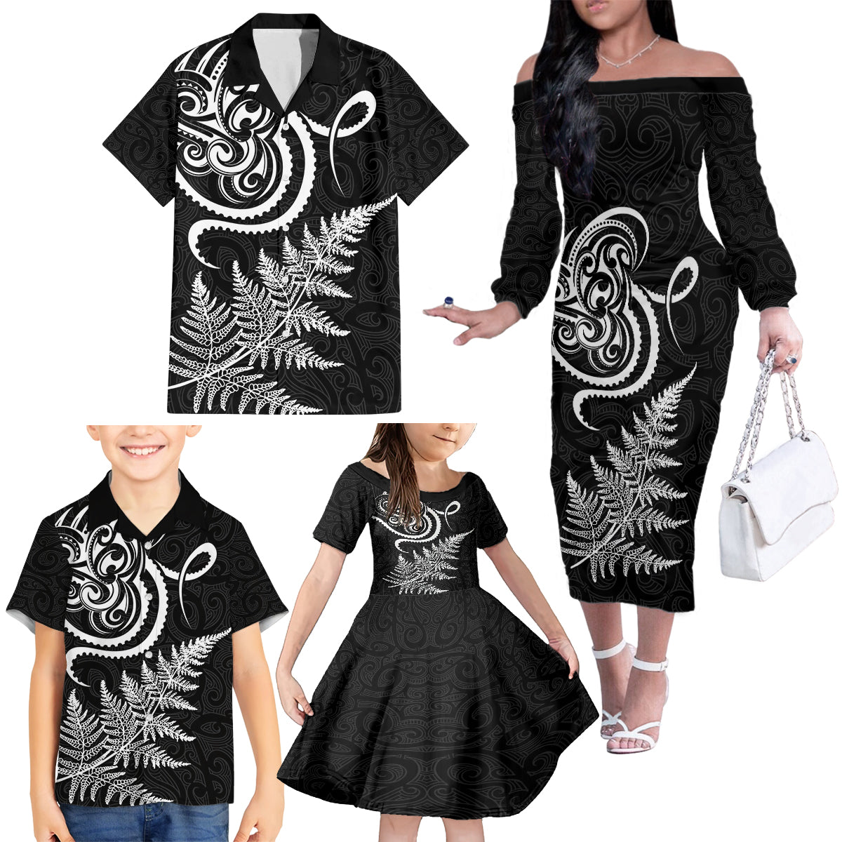 New Zealand Octopus Tattoo and Fern Family Matching Off The Shoulder Long Sleeve Dress and Hawaiian Shirt Maori Pattern LT03 - Polynesian Pride