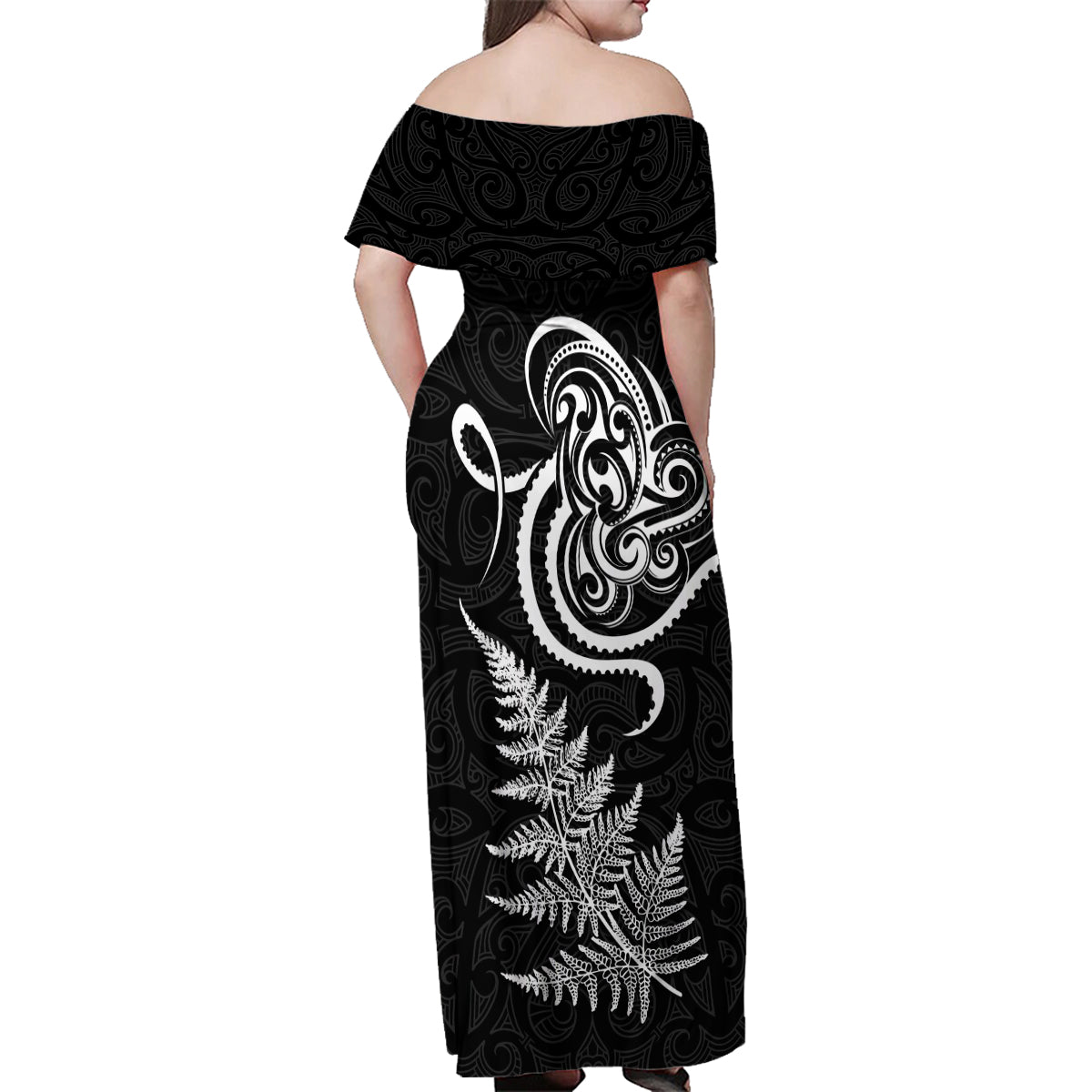 New Zealand Octopus Tattoo and Fern Family Matching Off Shoulder Maxi Dress and Hawaiian Shirt Maori Pattern