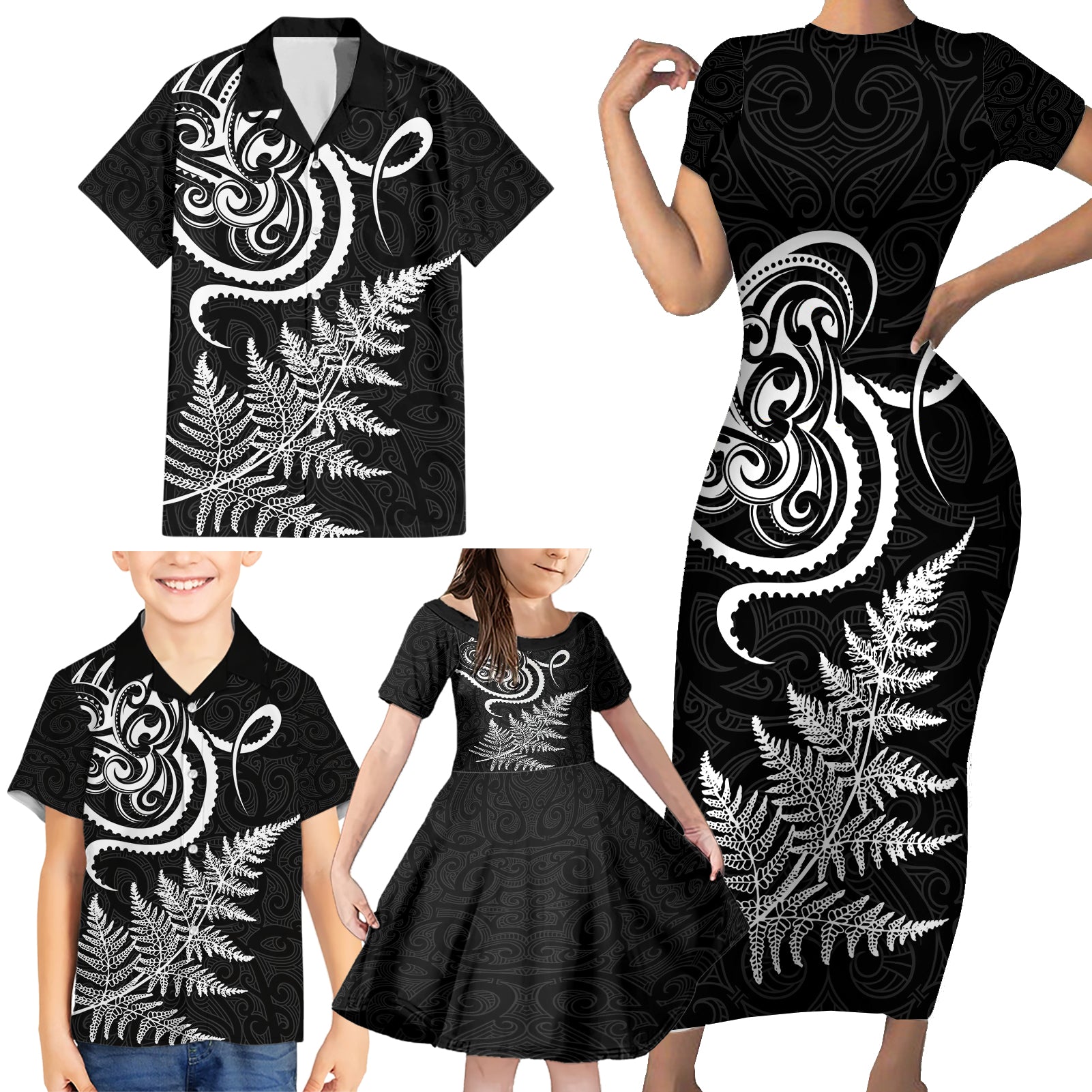 New Zealand Octopus Tattoo and Fern Family Matching Short Sleeve Bodycon Dress and Hawaiian Shirt Maori Pattern