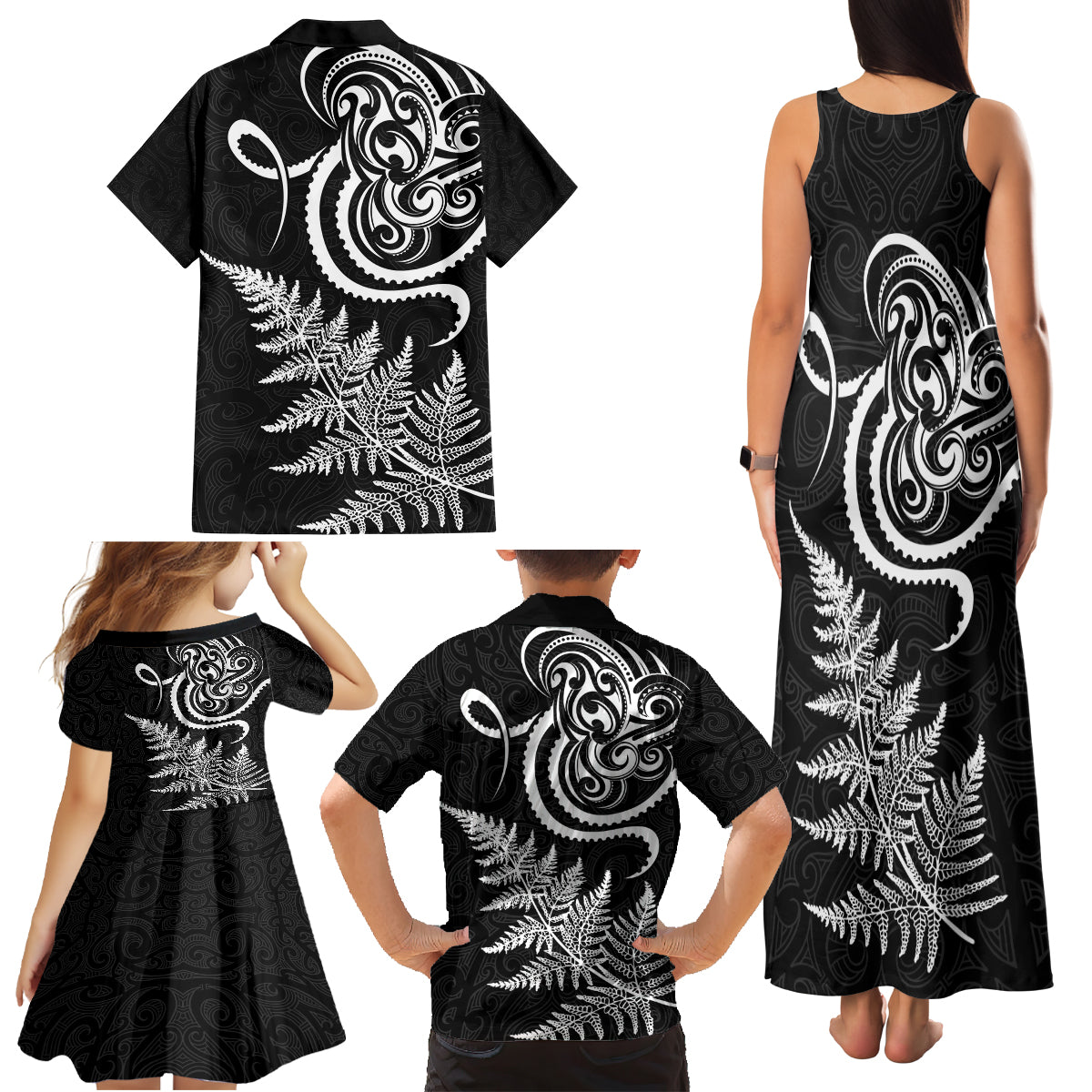 New Zealand Octopus Tattoo and Fern Family Matching Tank Maxi Dress and Hawaiian Shirt Maori Pattern
