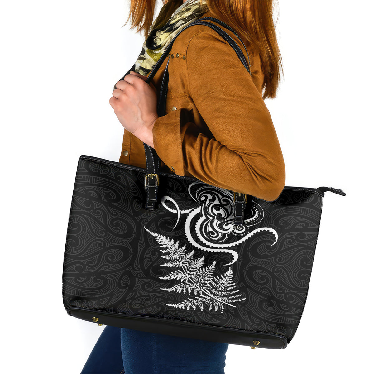 New Zealand Octopus Tattoo and Fern Leather Tote Bag Maori Pattern