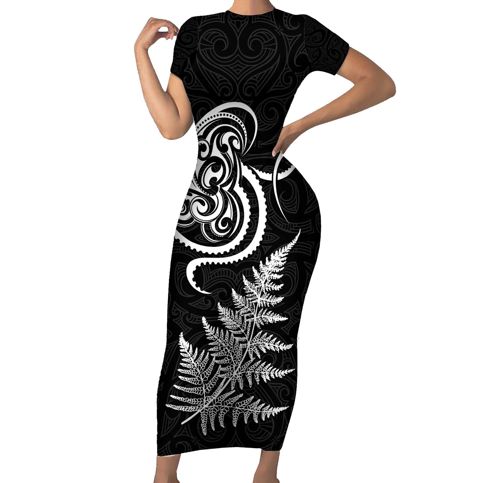 New Zealand Octopus Tattoo and Fern Short Sleeve Bodycon Dress Maori Pattern