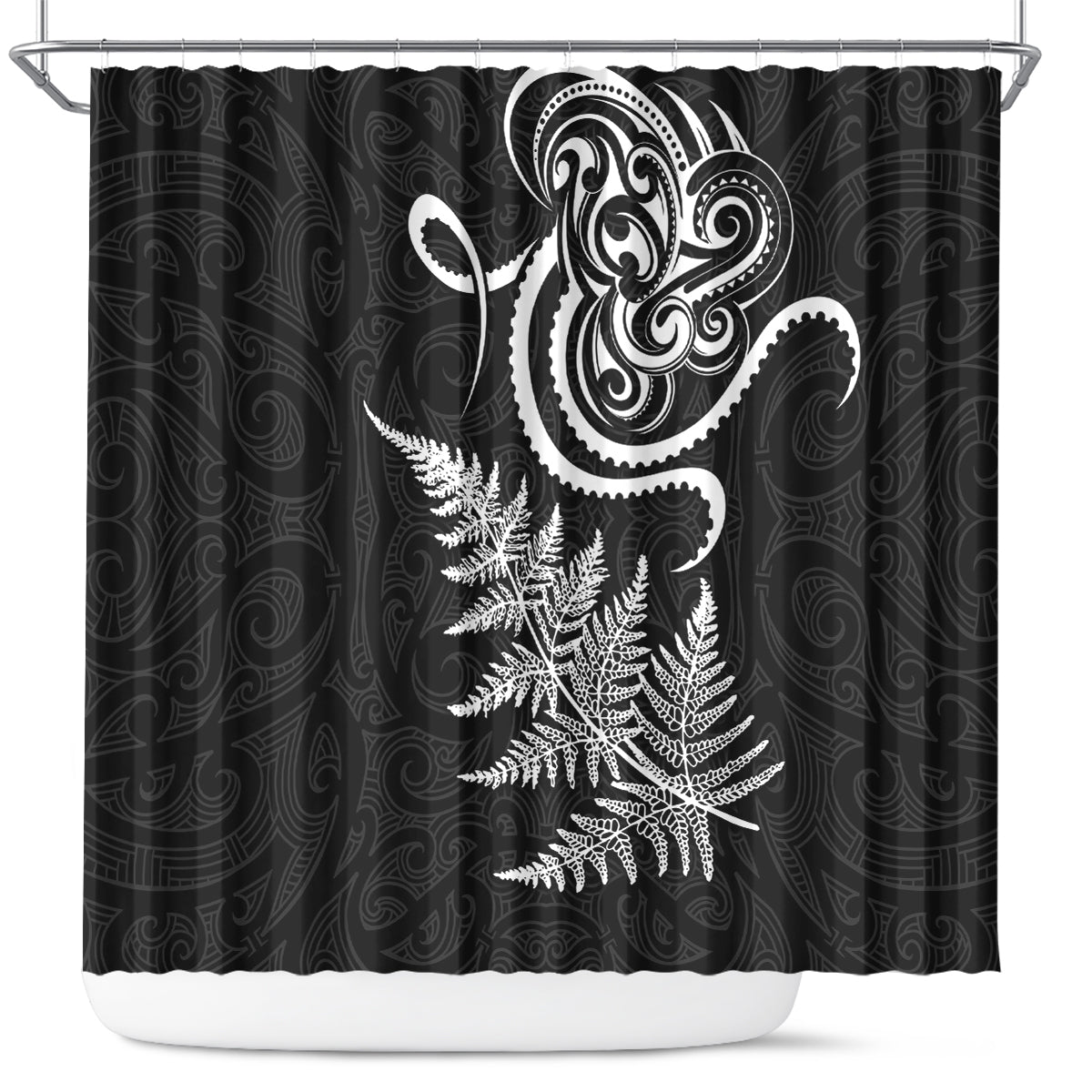 New Zealand Octopus Tattoo and Fern Shower Curtain Maori Pattern LT03 Black - Polynesian Pride