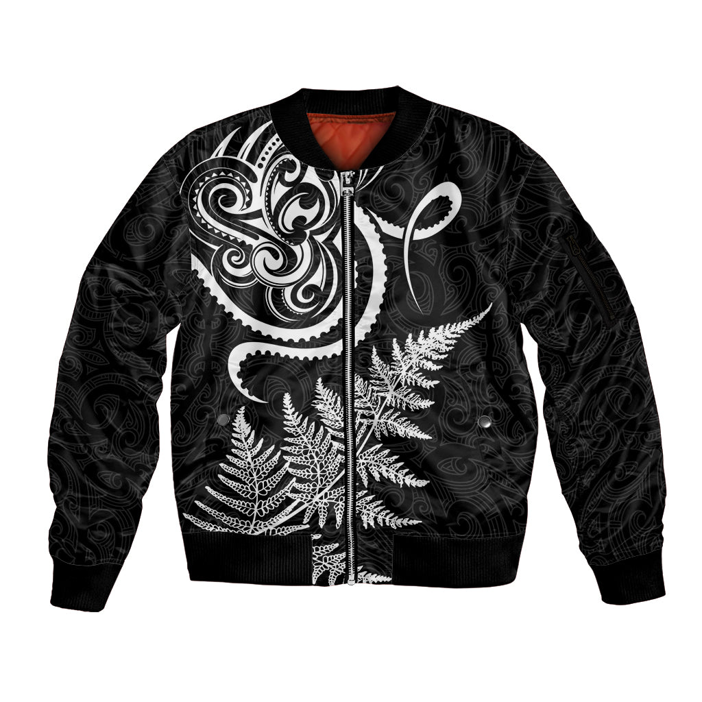 New Zealand Octopus Tattoo and Fern Sleeve Zip Bomber Jacket Maori Pattern