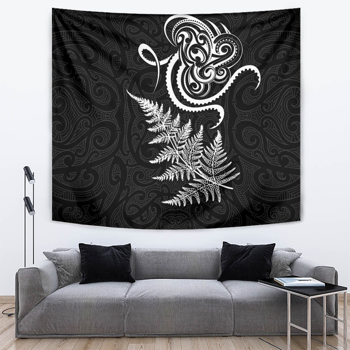 New Zealand Octopus Tattoo and Fern Tapestry Maori Pattern LT03 Black - Polynesian Pride