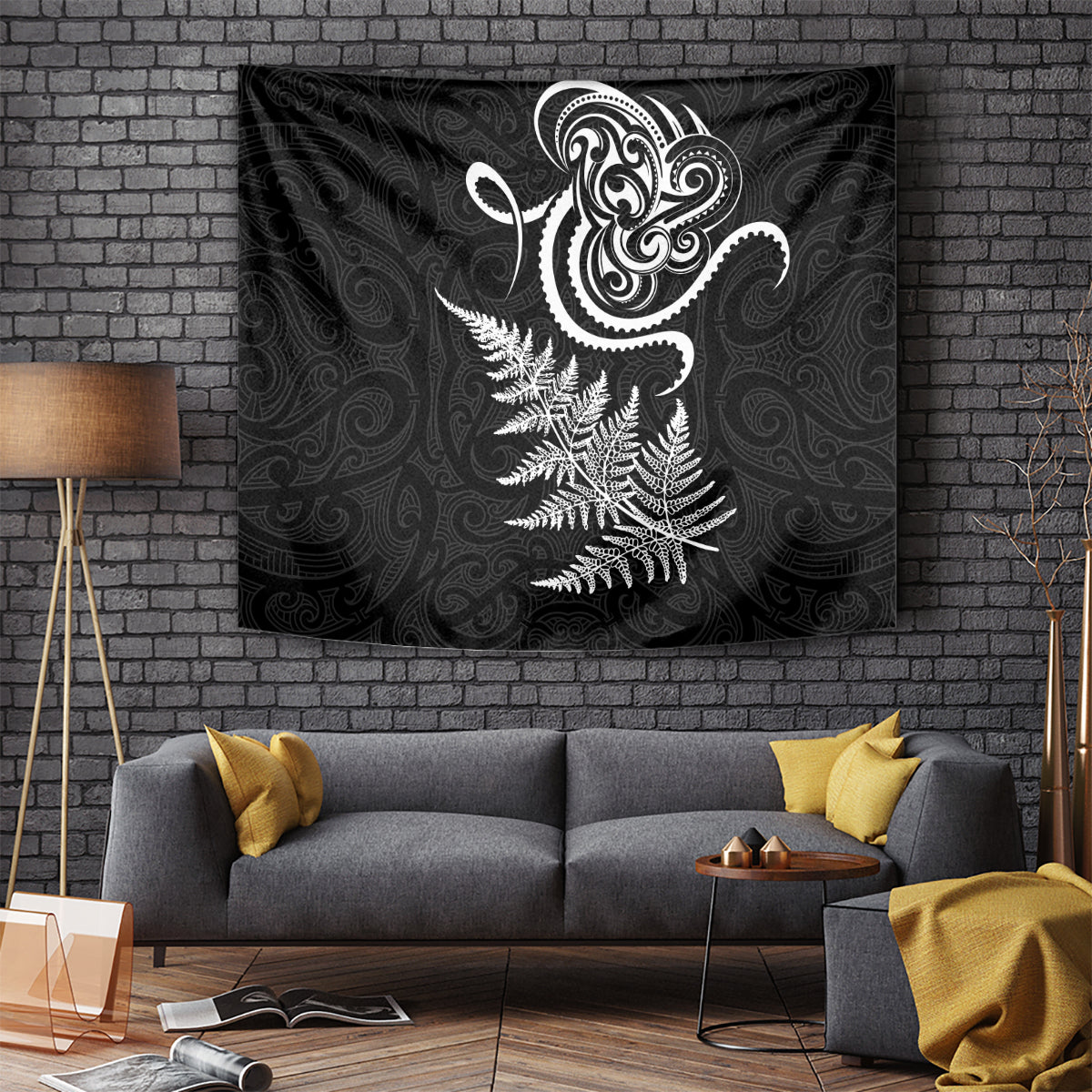 New Zealand Octopus Tattoo and Fern Tapestry Maori Pattern