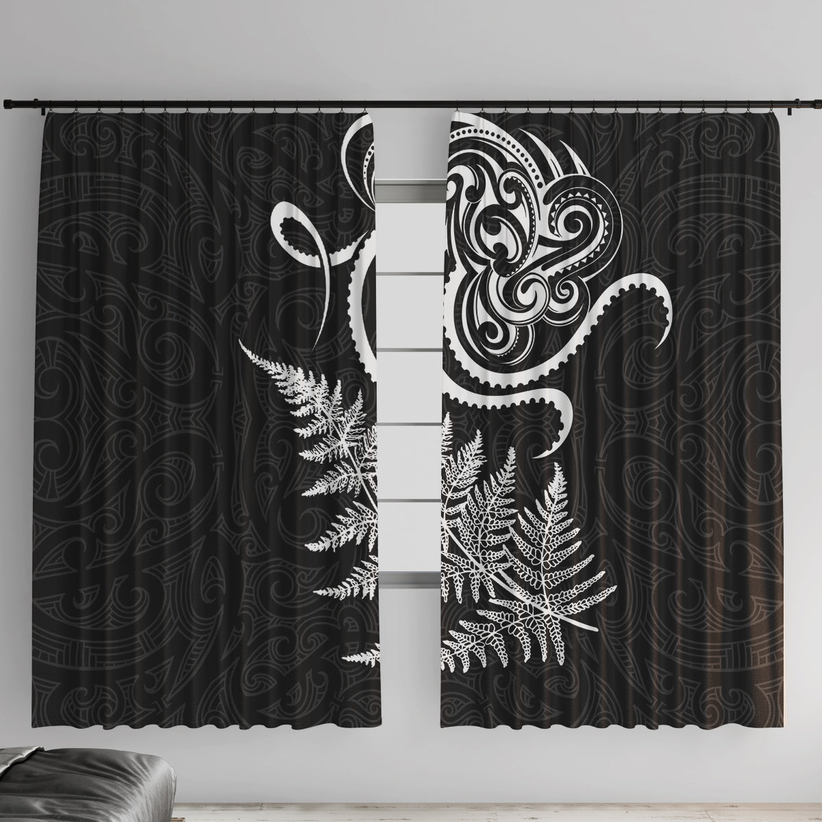 New Zealand Octopus Tattoo and Fern Window Curtain Maori Pattern LT03 With Hooks Black - Polynesian Pride