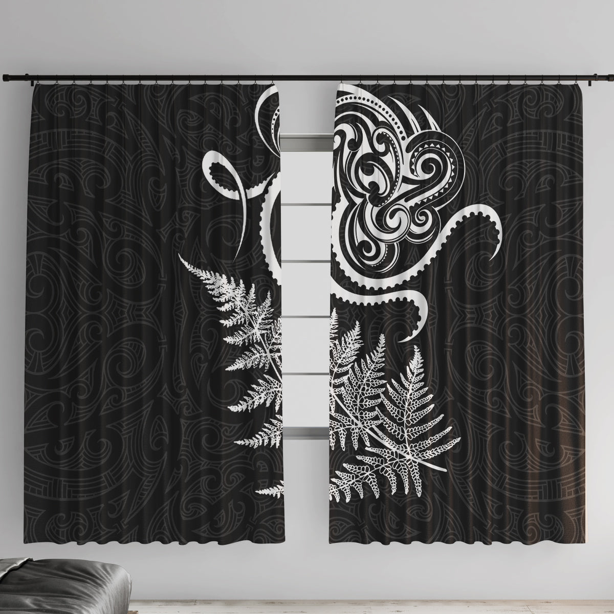 New Zealand Octopus Tattoo and Fern Window Curtain Maori Pattern