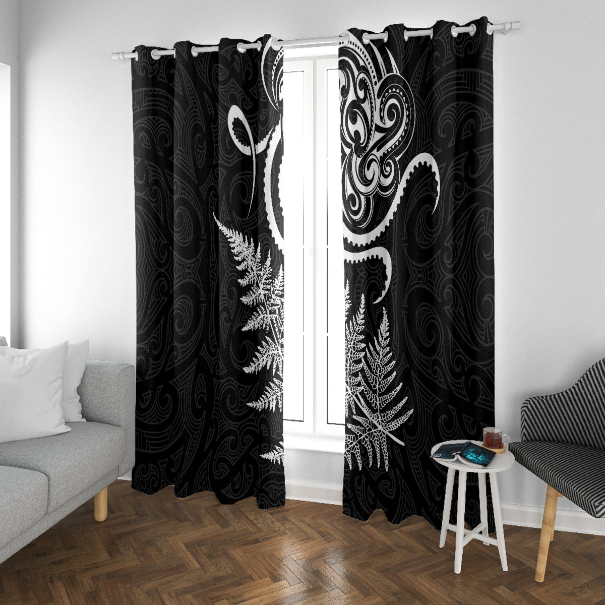 New Zealand Octopus Tattoo and Fern Window Curtain Maori Pattern LT03 With Grommets Black - Polynesian Pride