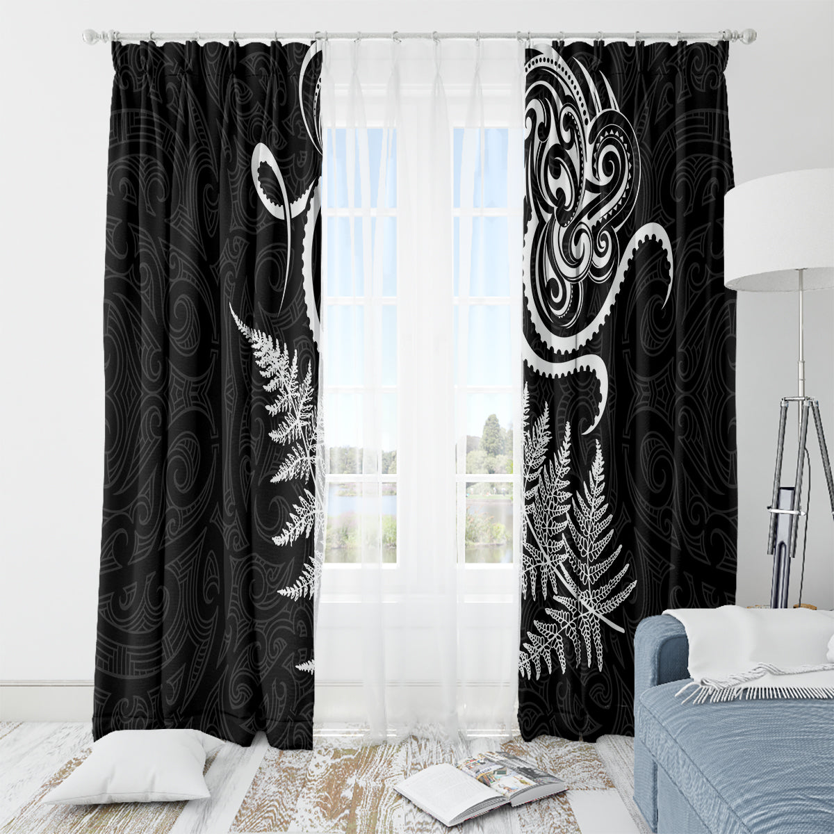 New Zealand Octopus Tattoo and Fern Window Curtain Maori Pattern LT03 - Polynesian Pride