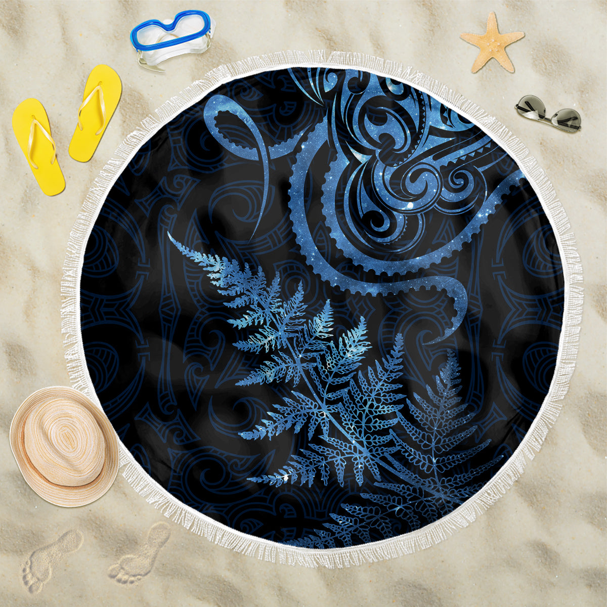 New Zealand Octopus Tattoo and Fern Beach Blanket Maori Pattern Matariki Style