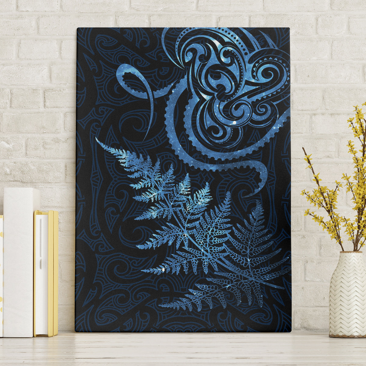 New Zealand Octopus Tattoo and Fern Canvas Wall Art Maori Pattern Matariki Style LT03 Without Frame Blue - Polynesian Pride