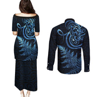New Zealand Octopus Tattoo and Fern Couples Matching Puletasi and Long Sleeve Button Shirt Maori Pattern Matariki Style
