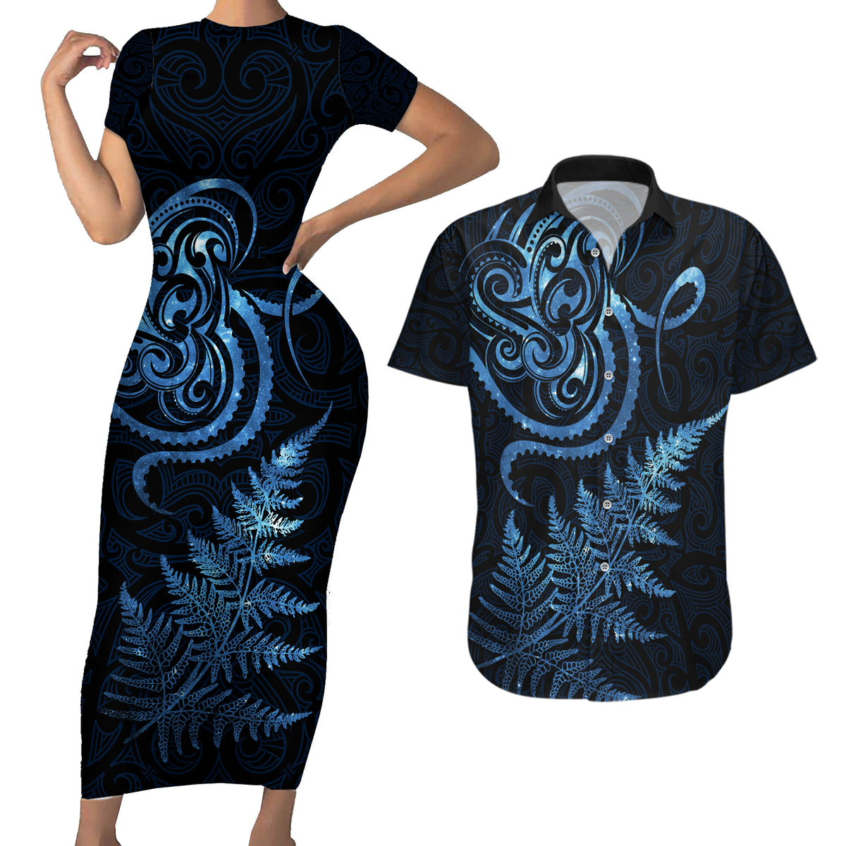 New Zealand Octopus Tattoo and Fern Couples Matching Short Sleeve Bodycon Dress and Hawaiian Shirt Maori Pattern Matariki Style