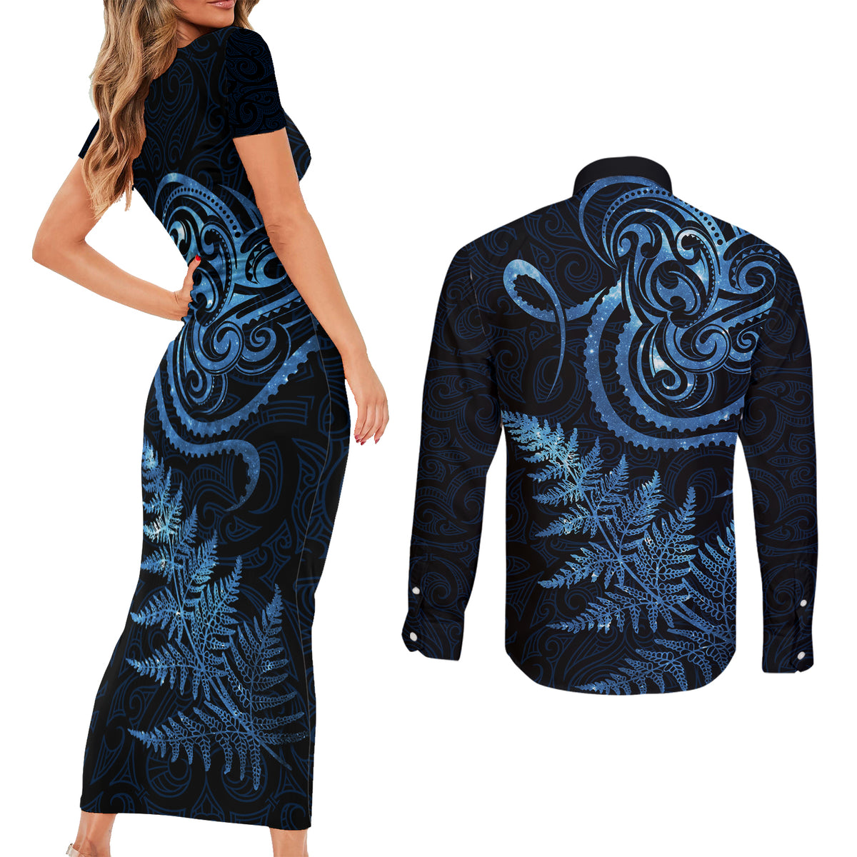 New Zealand Octopus Tattoo and Fern Couples Matching Short Sleeve Bodycon Dress and Long Sleeve Button Shirt Maori Pattern Matariki Style