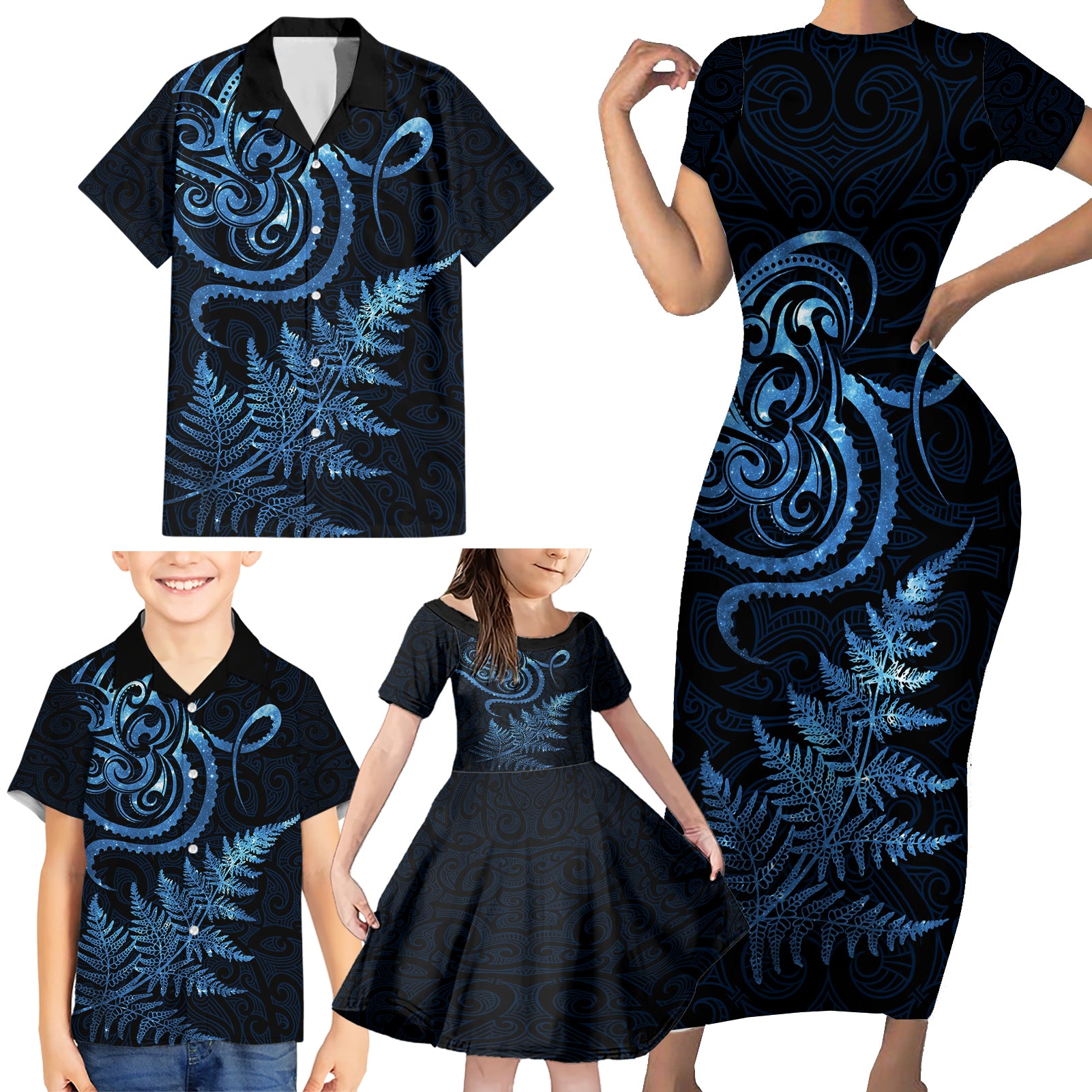 New Zealand Octopus Tattoo and Fern Family Matching Short Sleeve Bodycon Dress and Hawaiian Shirt Maori Pattern Matariki Style