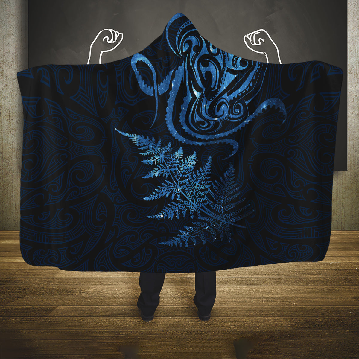 New Zealand Octopus Tattoo and Fern Hooded Blanket Maori Pattern Matariki Style LT03 One Size Blue - Polynesian Pride