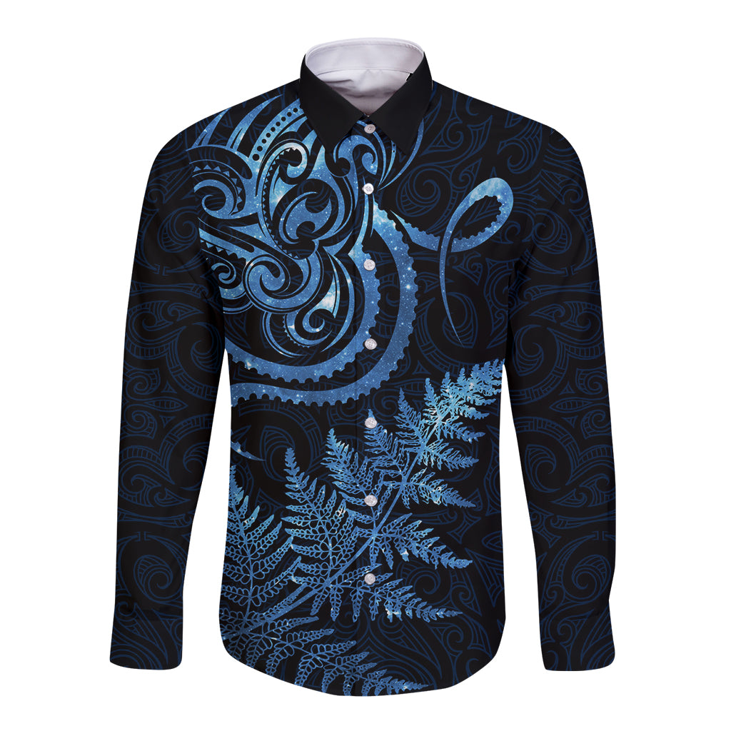 New Zealand Octopus Tattoo and Fern Long Sleeve Button Shirt Maori Pattern Matariki Style LT03 Unisex Blue - Polynesian Pride