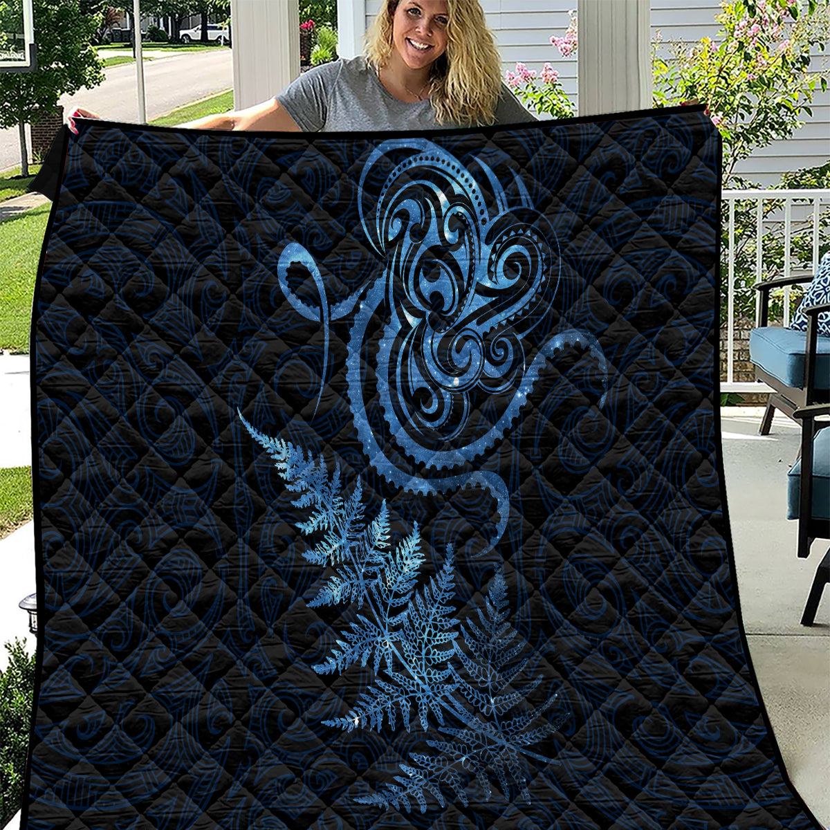 New Zealand Octopus Tattoo and Fern Quilt Maori Pattern Matariki Style LT03 Blue - Polynesian Pride