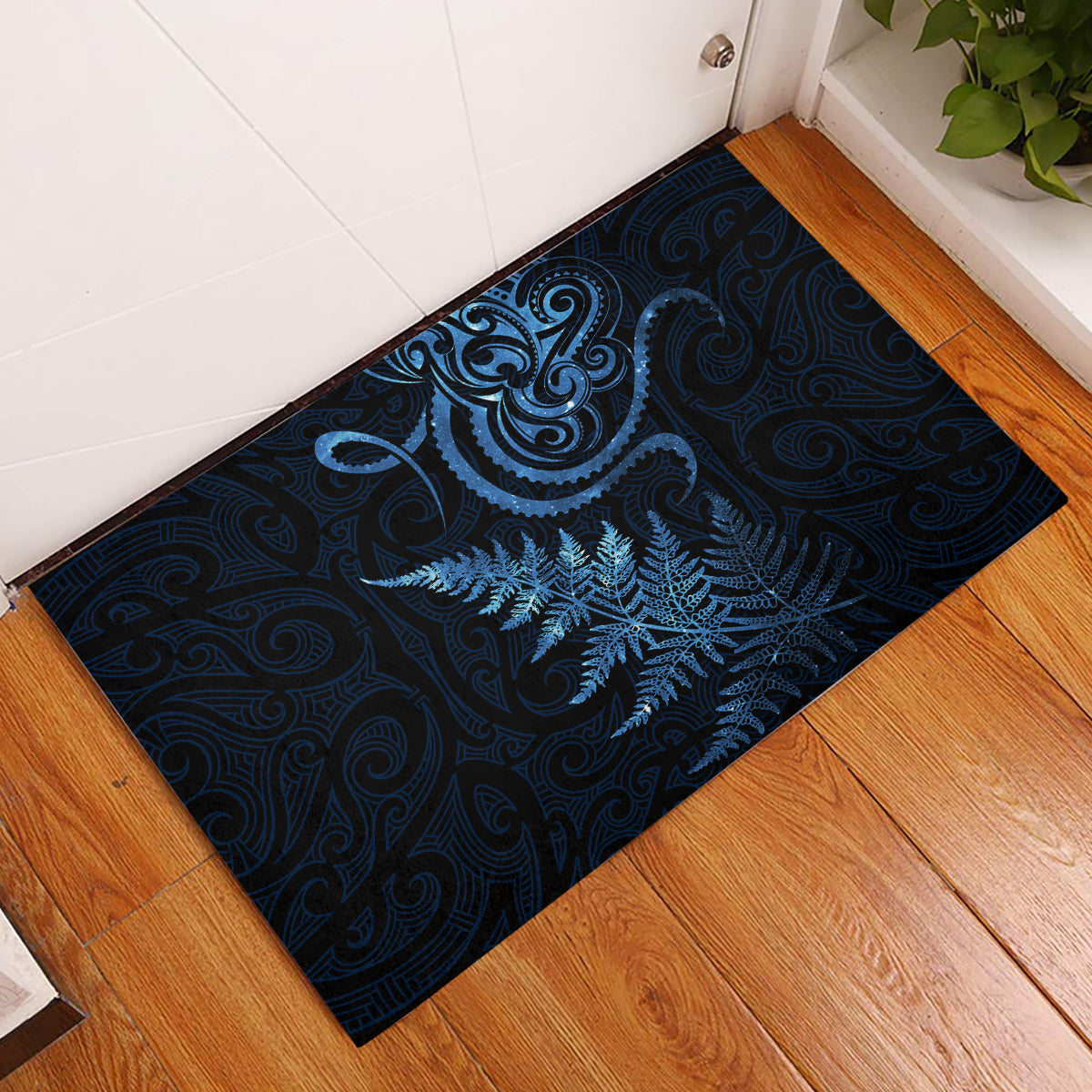 New Zealand Octopus Tattoo and Fern Rubber Doormat Maori Pattern Matariki Style LT03 Blue - Polynesian Pride