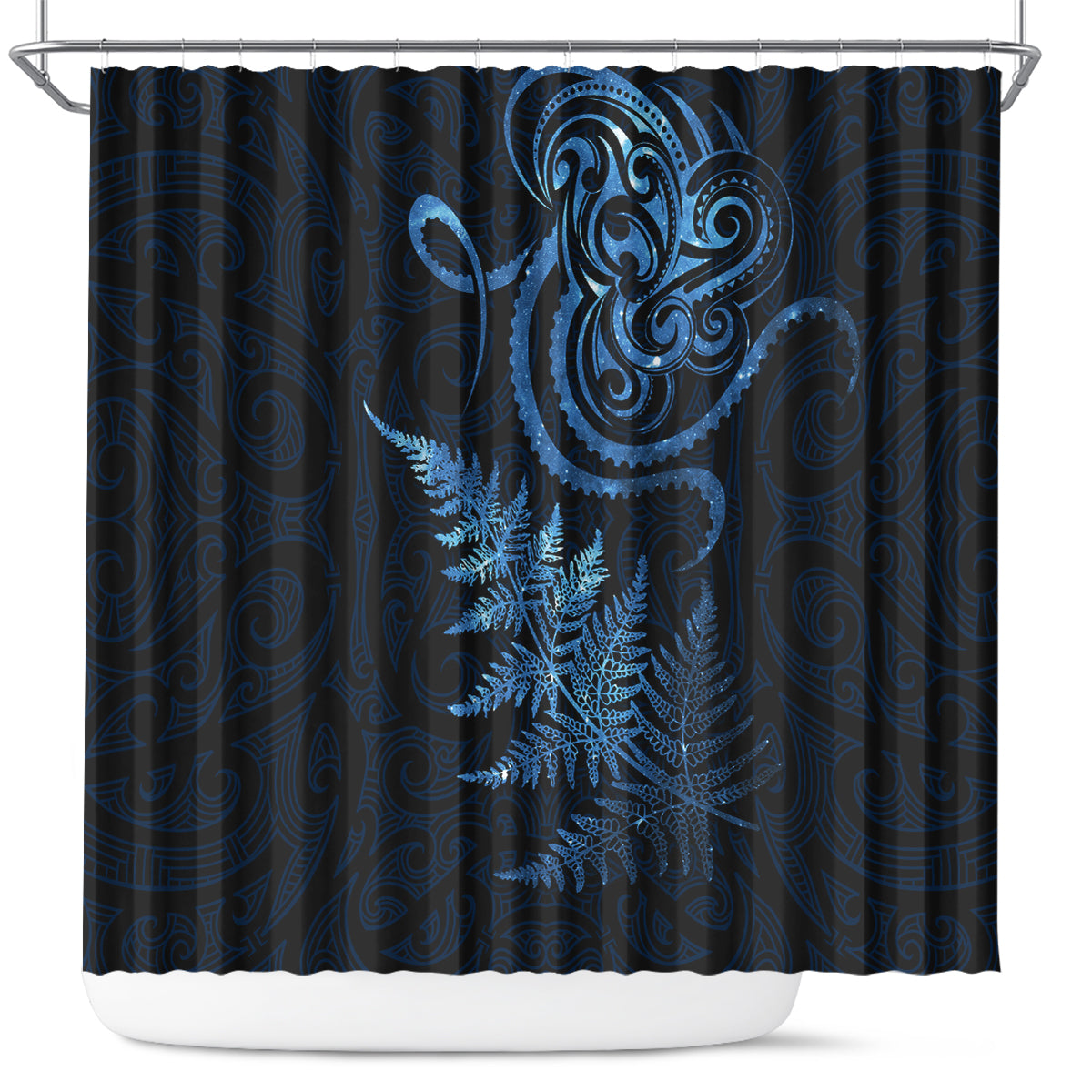 New Zealand Octopus Tattoo and Fern Shower Curtain Maori Pattern Matariki Style LT03 Blue - Polynesian Pride