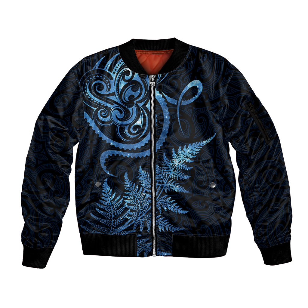 New Zealand Octopus Tattoo and Fern Sleeve Zip Bomber Jacket Maori Pattern Matariki Style LT03 Unisex Blue - Polynesian Pride