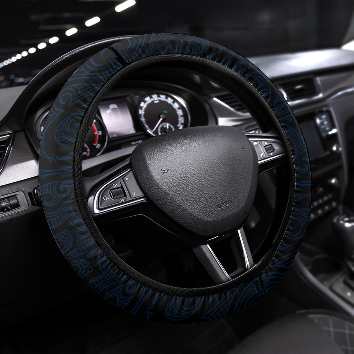 New Zealand Octopus Tattoo and Fern Steering Wheel Cover Maori Pattern Matariki Style LT03 Universal Fit Blue - Polynesian Pride