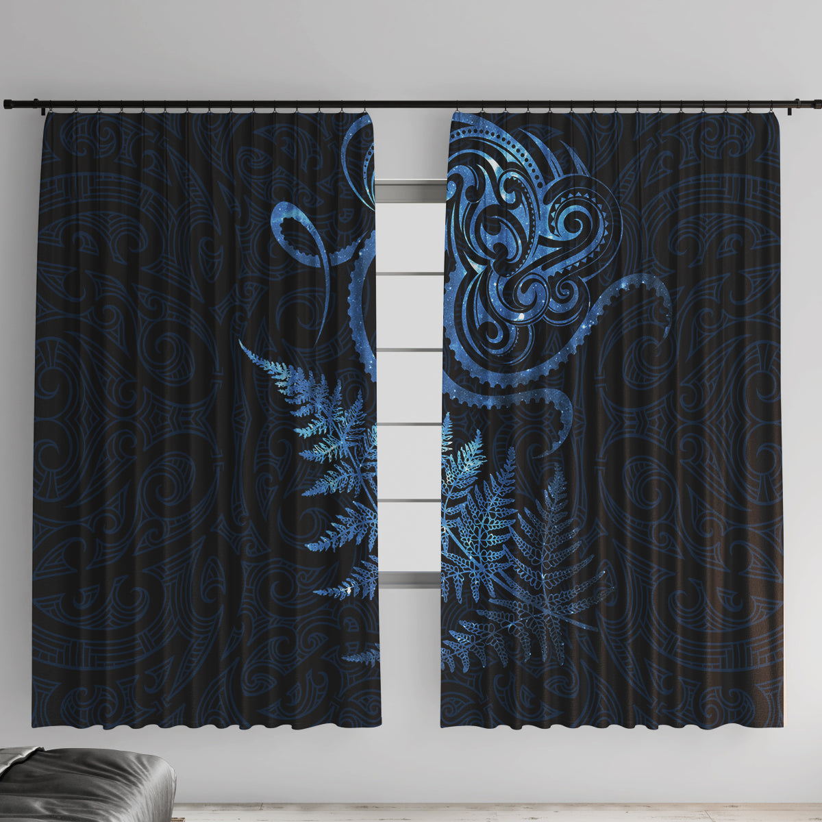 New Zealand Octopus Tattoo and Fern Window Curtain Maori Pattern Matariki Style LT03 With Hooks Blue - Polynesian Pride