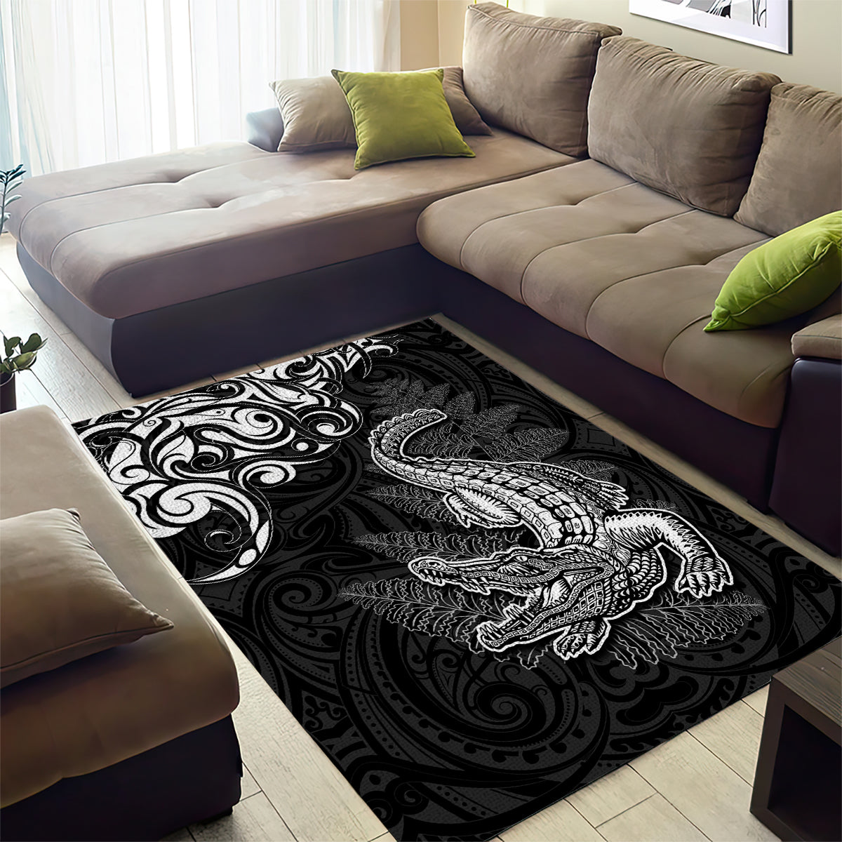 New Zealand Crocodile Tattoo and Fern Area Rug Maori Pattern