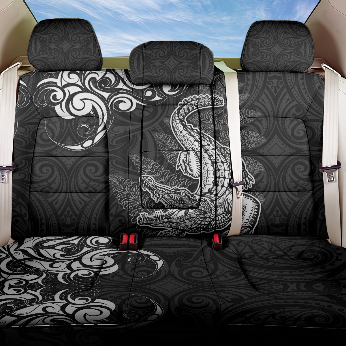 New Zealand Crocodile Tattoo and Fern Back Car Seat Cover Maori Pattern