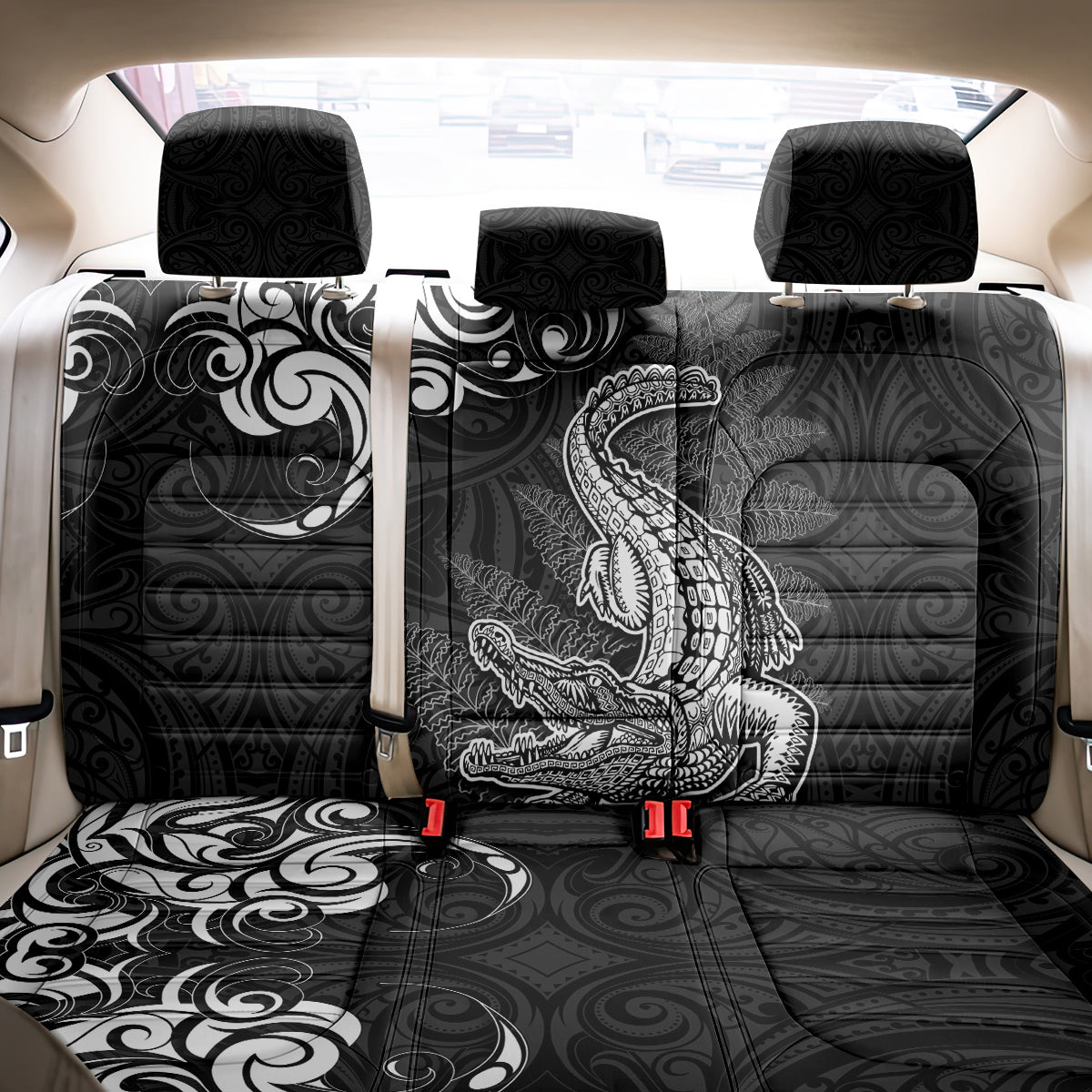 New Zealand Crocodile Tattoo and Fern Back Car Seat Cover Maori Pattern
