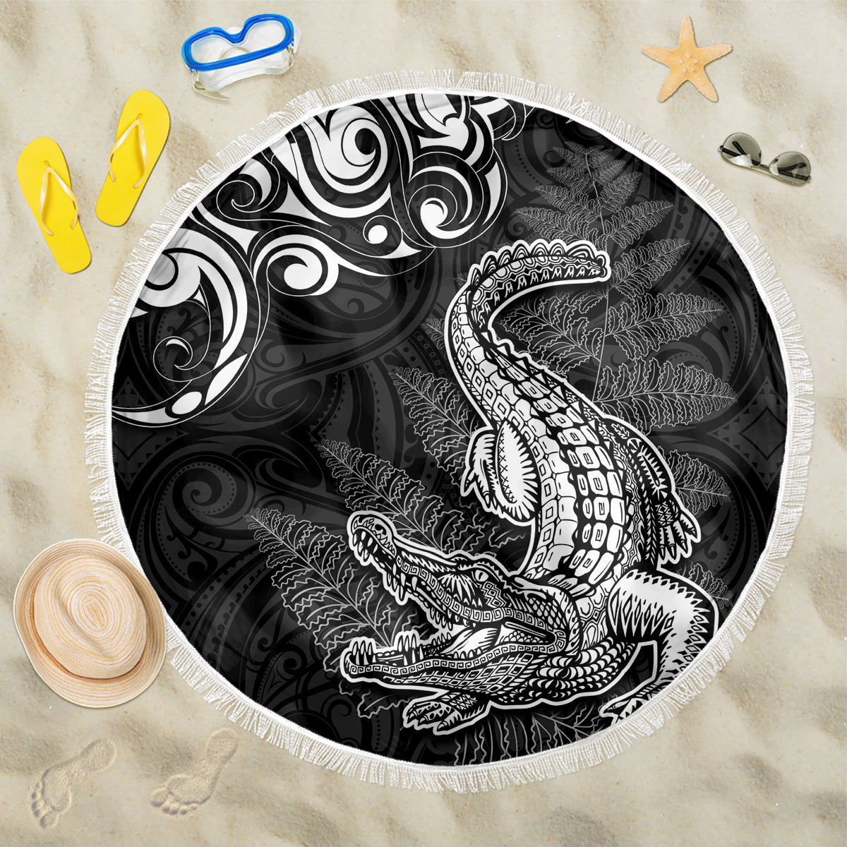 New Zealand Crocodile Tattoo and Fern Beach Blanket Maori Pattern