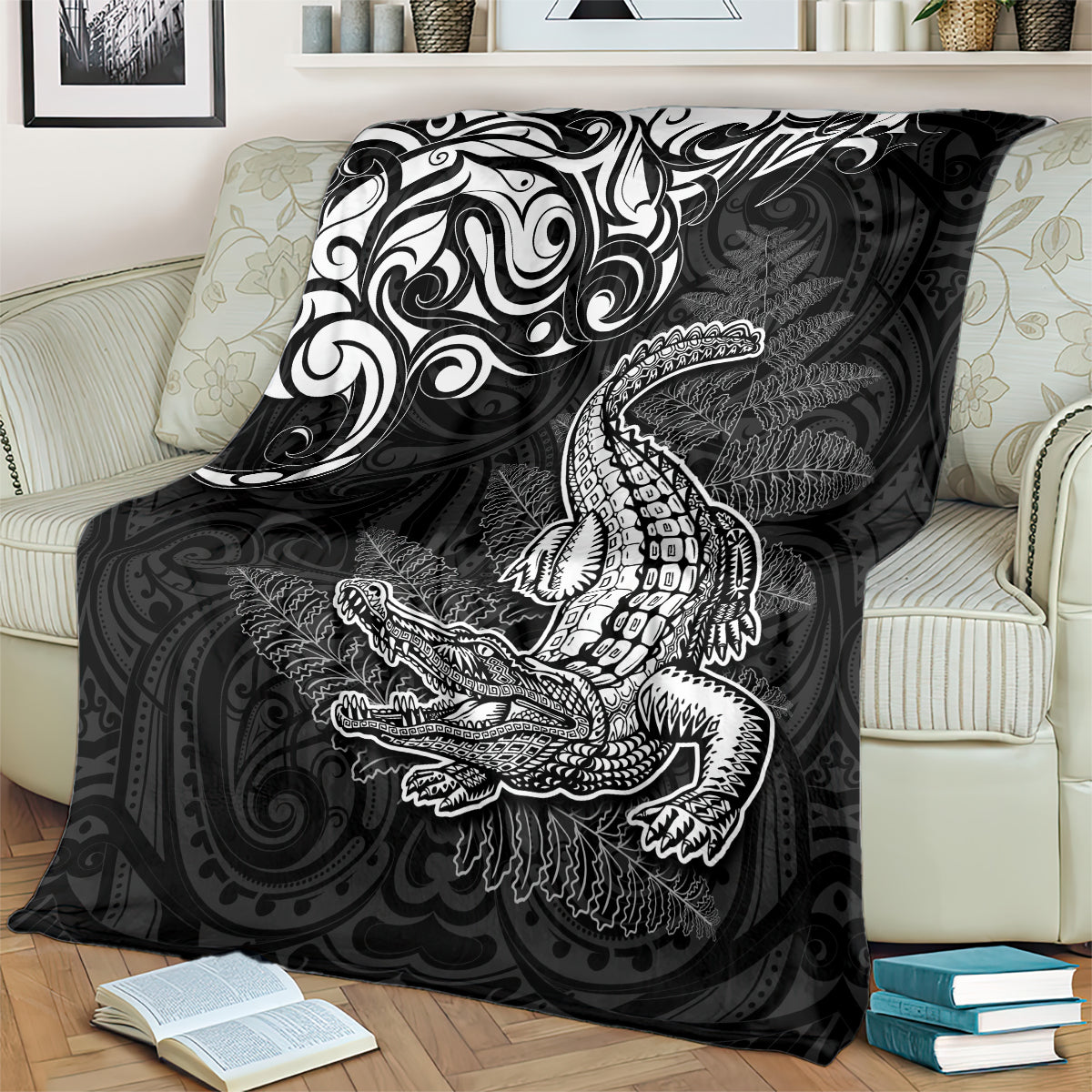 New Zealand Crocodile Tattoo and Fern Blanket Maori Pattern