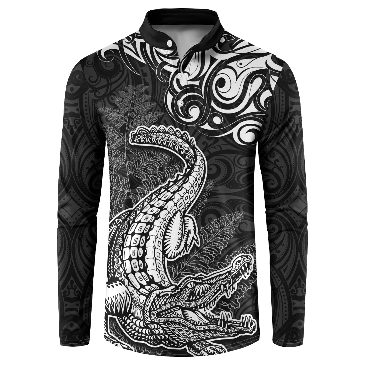 New Zealand Crocodile Tattoo and Fern Button Sweatshirt Maori Pattern