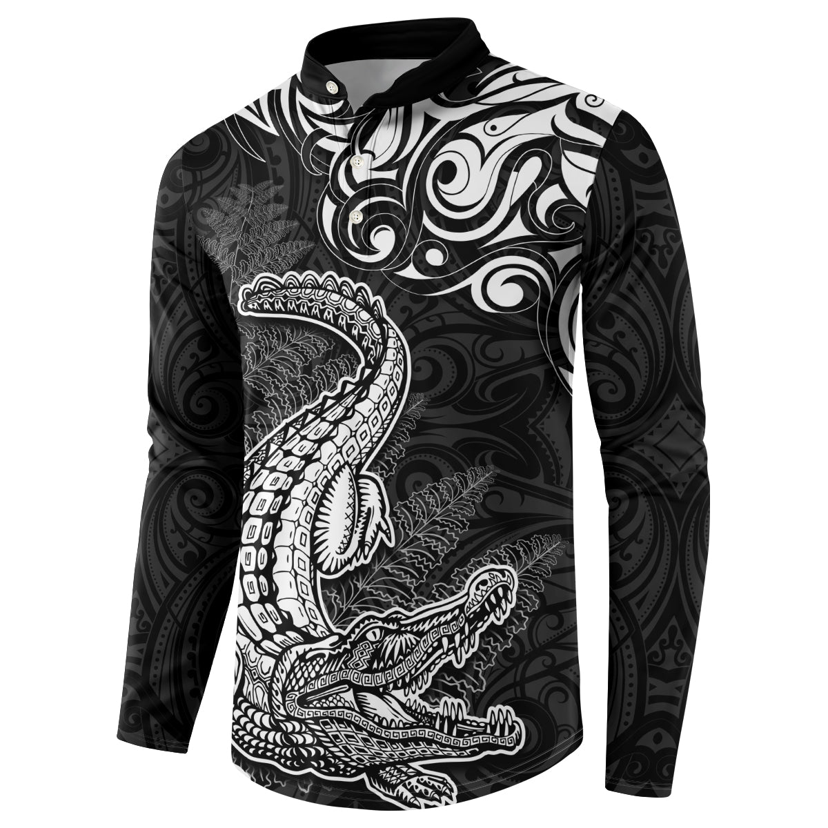 New Zealand Crocodile Tattoo and Fern Button Sweatshirt Maori Pattern