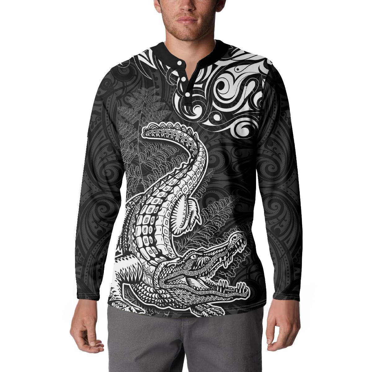 New Zealand Crocodile Tattoo and Fern Button Sweatshirt Maori Pattern