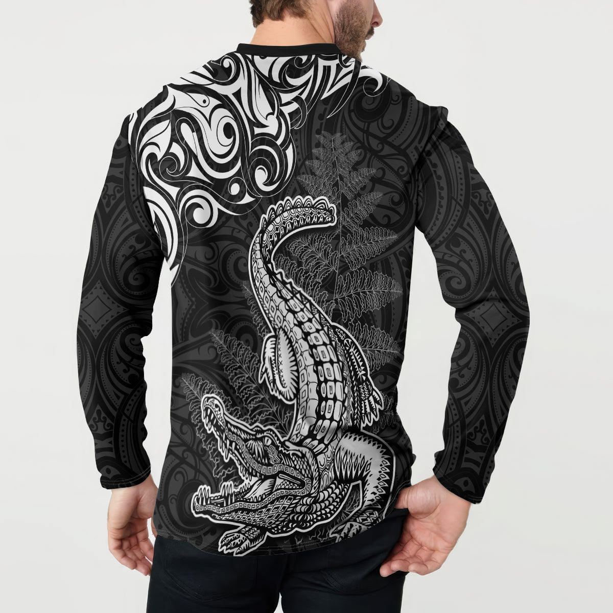 New Zealand Crocodile Tattoo and Fern Button Sweatshirt Maori Pattern
