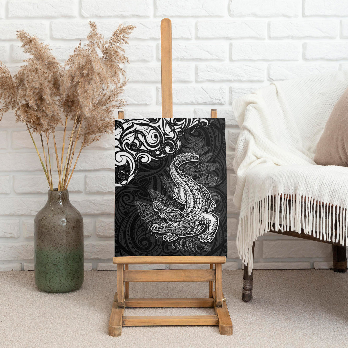 New Zealand Crocodile Tattoo and Fern Canvas Wall Art Maori Pattern