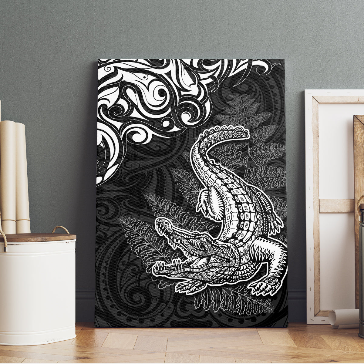 New Zealand Crocodile Tattoo and Fern Canvas Wall Art Maori Pattern