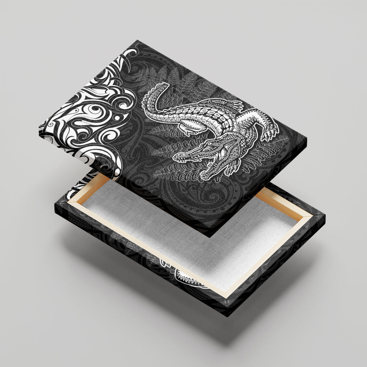 New Zealand Crocodile Tattoo and Fern Canvas Wall Art Maori Pattern