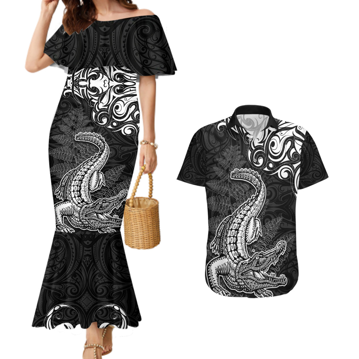 New Zealand Crocodile Tattoo and Fern Couples Matching Mermaid Dress and Hawaiian Shirt Maori Pattern