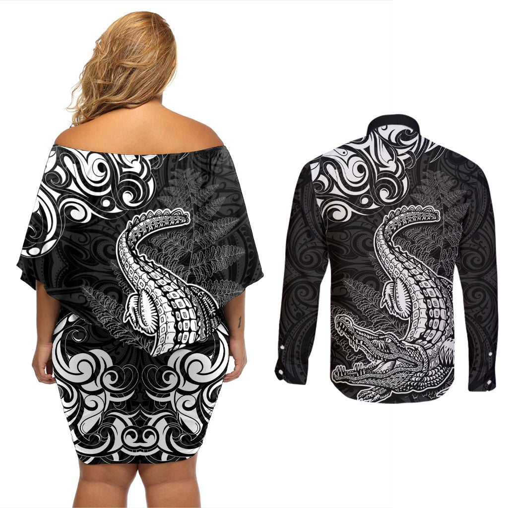 New Zealand Crocodile Tattoo and Fern Couples Matching Off Shoulder Short Dress and Long Sleeve Button Shirt Maori Pattern