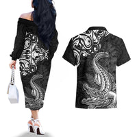 New Zealand Crocodile Tattoo and Fern Couples Matching Off The Shoulder Long Sleeve Dress and Hawaiian Shirt Maori Pattern