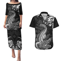 New Zealand Crocodile Tattoo and Fern Couples Matching Puletasi and Hawaiian Shirt Maori Pattern