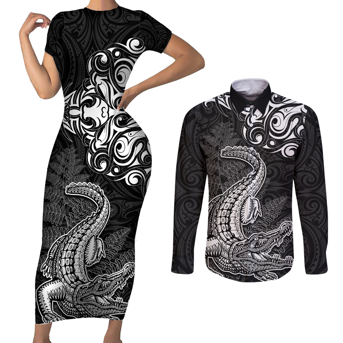 New Zealand Crocodile Tattoo and Fern Couples Matching Short Sleeve Bodycon Dress and Long Sleeve Button Shirt Maori Pattern