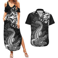 New Zealand Crocodile Tattoo and Fern Couples Matching Summer Maxi Dress and Hawaiian Shirt Maori Pattern