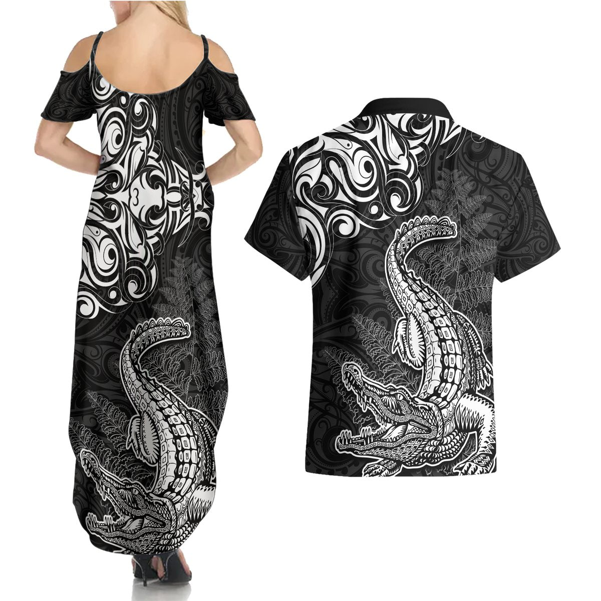 New Zealand Crocodile Tattoo and Fern Couples Matching Summer Maxi Dress and Hawaiian Shirt Maori Pattern