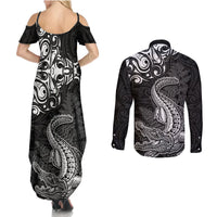 New Zealand Crocodile Tattoo and Fern Couples Matching Summer Maxi Dress and Long Sleeve Button Shirt Maori Pattern